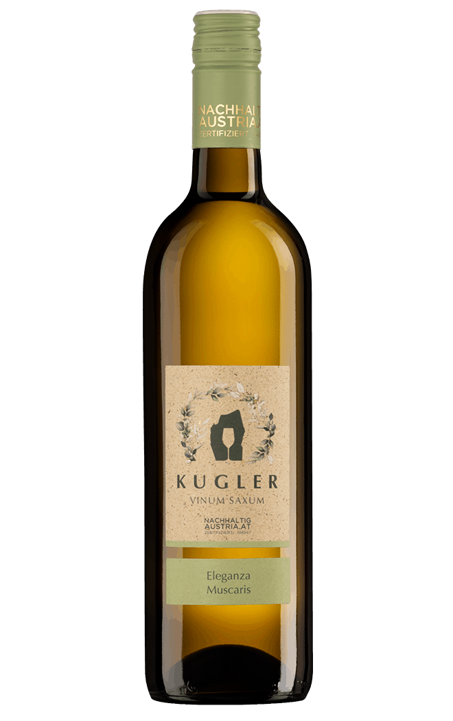 Flasche des Muscaris Eleganza – duftiger, trockener Weißwein