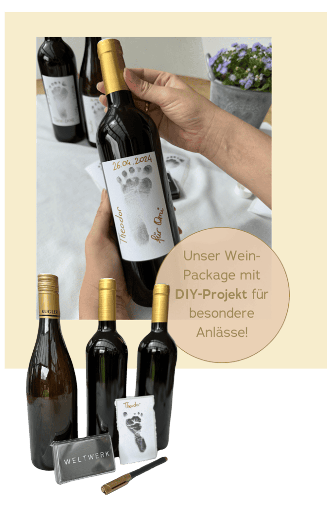 Weinpaket mit Rotwein Shiraz, Rotwein Roesler und Weißwein Cuvée Prestige, inklusive DIY-Etiketten und Goldstift.